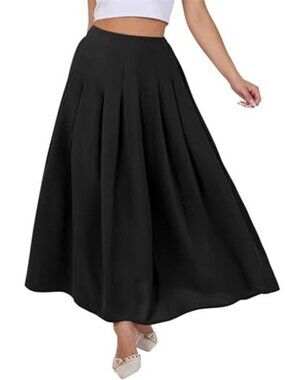 Womens Pleated Maxi Skirt A Line Elastic Waist Casual Work Office Long Skirt